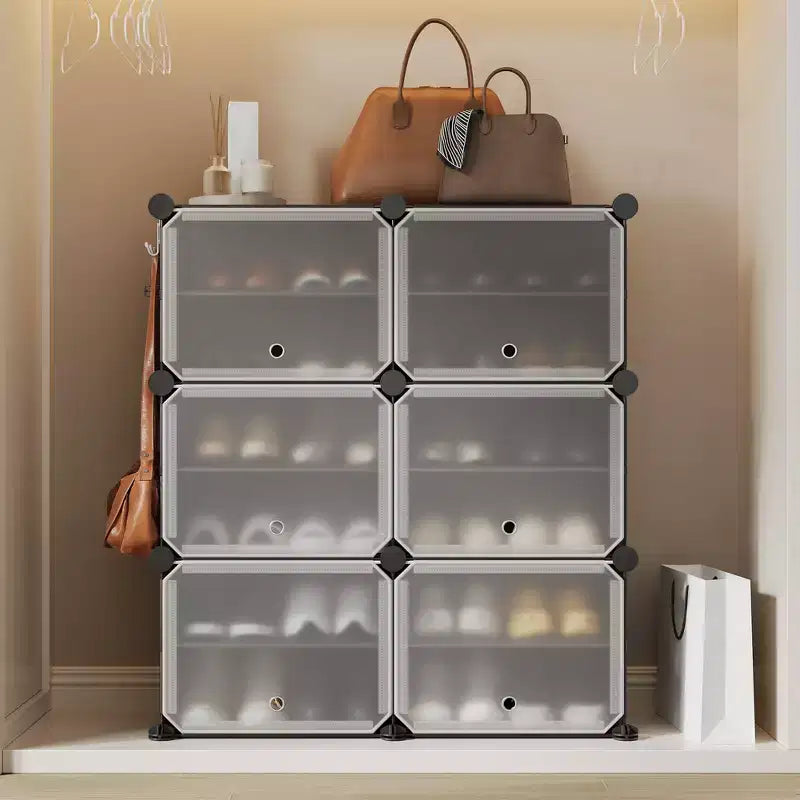 Meuble à chaussures modulaire à six compartiments avec portes - convient aux couloirs, chambres ou salons, peu encombrant et facile à assembler.