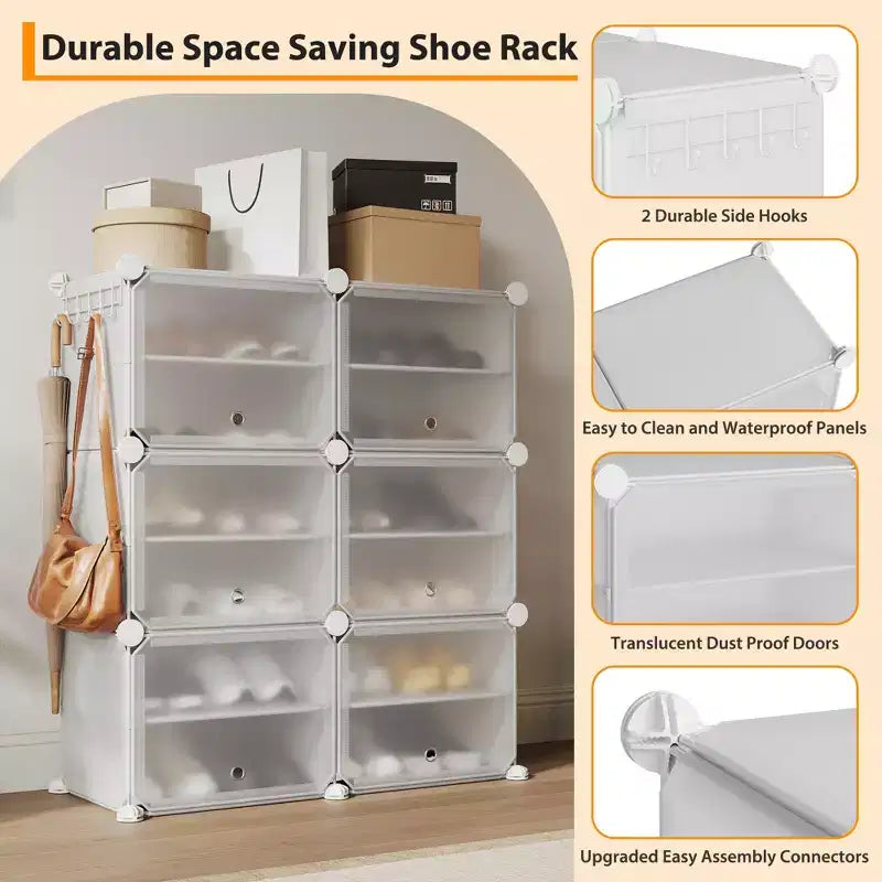 Meuble à chaussures modulaire à six compartiments avec portes - convient aux couloirs, chambres ou salons, peu encombrant et facile à assembler.