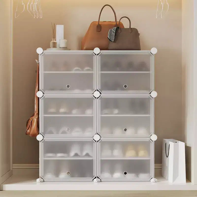 Meuble à chaussures modulaire à six compartiments avec portes - convient aux couloirs, chambres ou salons, peu encombrant et facile à assembler.