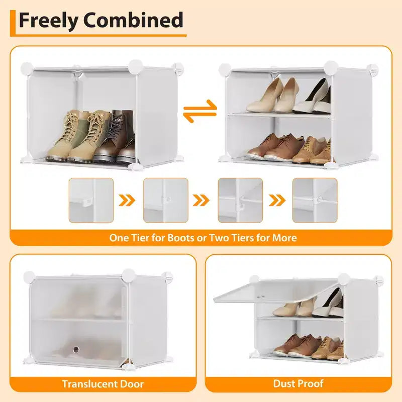 Meuble à chaussures modulaire à six compartiments avec portes - convient aux couloirs, chambres ou salons, peu encombrant et facile à assembler.