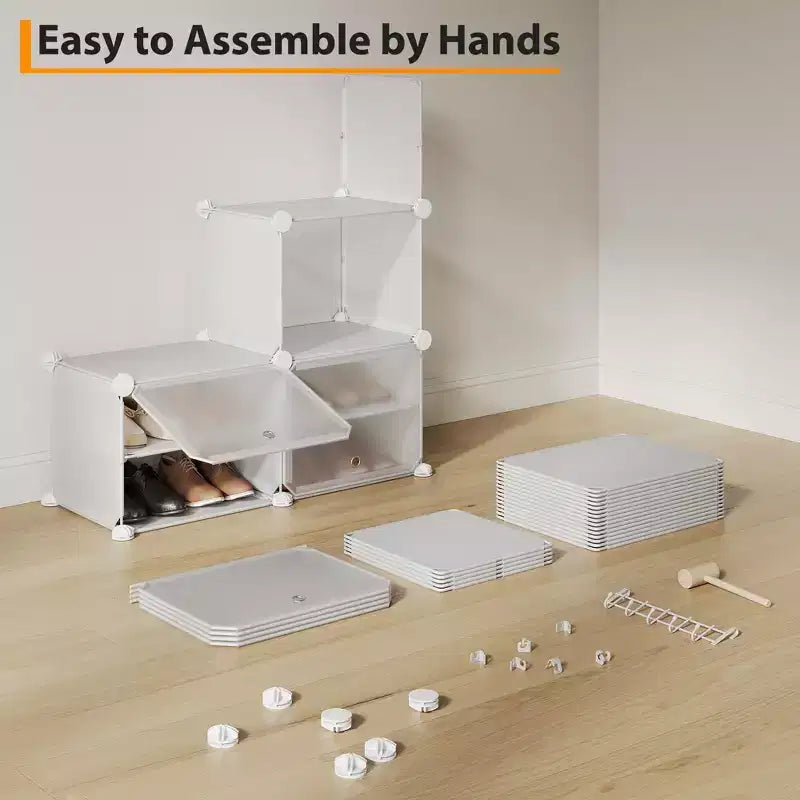 Meuble à chaussures modulaire à six compartiments avec portes - convient aux couloirs, chambres ou salons, peu encombrant et facile à assembler.
