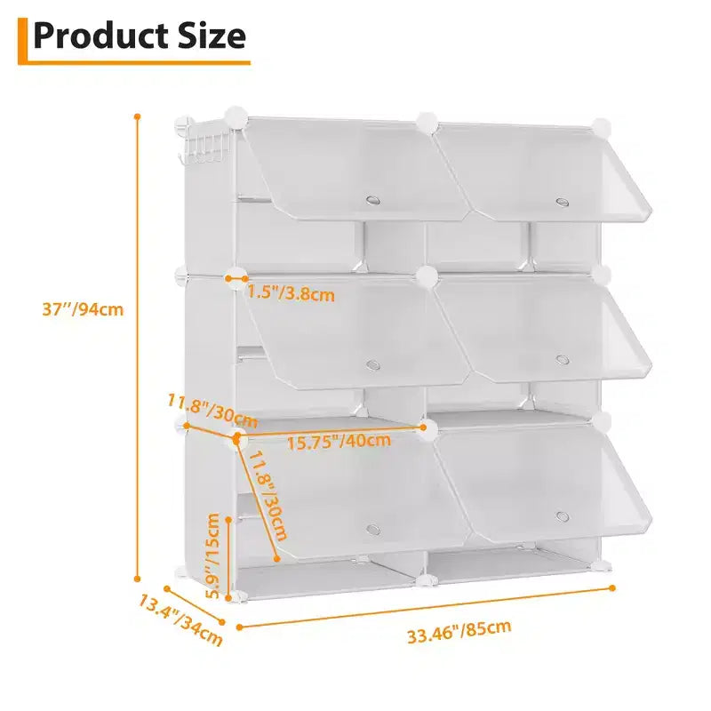 Meuble à chaussures modulaire à six compartiments avec portes - convient aux couloirs, chambres ou salons, peu encombrant et facile à assembler.