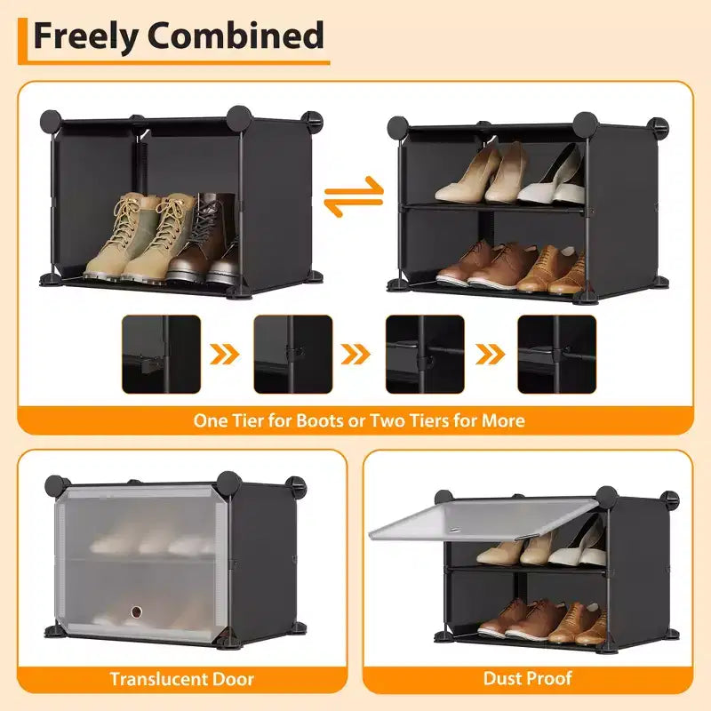 Meuble à chaussures modulaire à six compartiments avec portes - convient aux couloirs, chambres ou salons, peu encombrant et facile à assembler.