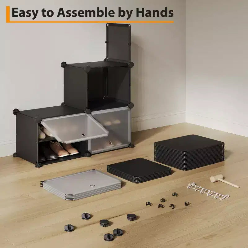 Meuble à chaussures modulaire à six compartiments avec portes - convient aux couloirs, chambres ou salons, peu encombrant et facile à assembler.