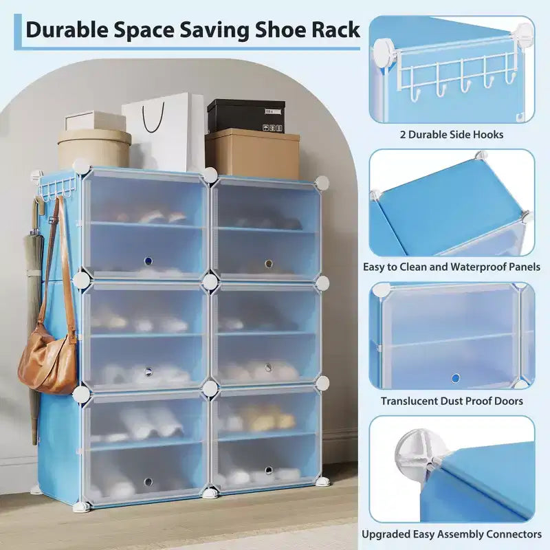 Meuble à chaussures modulaire à six compartiments avec portes - convient aux couloirs, chambres ou salons, peu encombrant et facile à assembler.