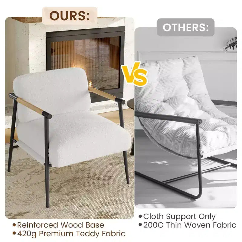 Fauteuil confortable, fauteuil d'appoint moderne avec cadre en métal, fauteuil de lecture douillet avec coussin moelleux et accoudoir en bois pour chambre à coucher, salon, marron