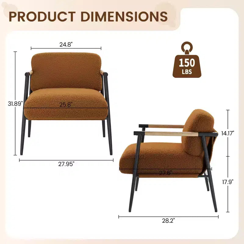 Fauteuil confortable, fauteuil d'appoint moderne avec cadre en métal, fauteuil de lecture douillet avec coussin moelleux et accoudoir en bois pour chambre à coucher, salon, marron