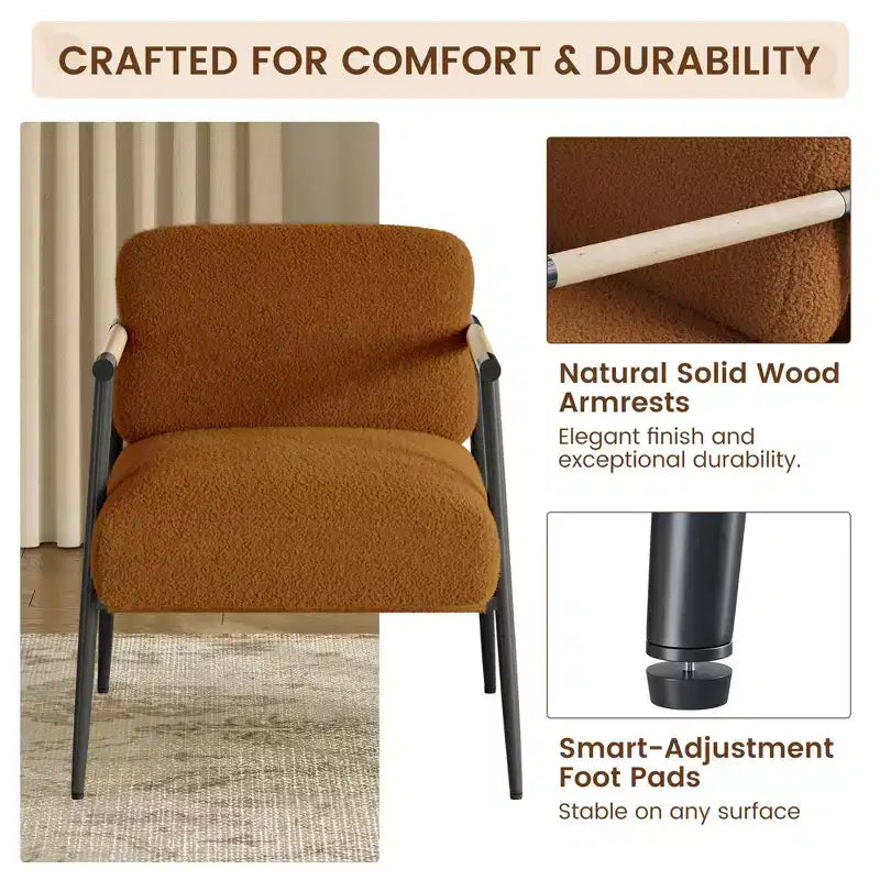 Fauteuil confortable, fauteuil d'appoint moderne avec cadre en métal, fauteuil de lecture douillet avec coussin moelleux et accoudoir en bois pour chambre à coucher, salon, marron