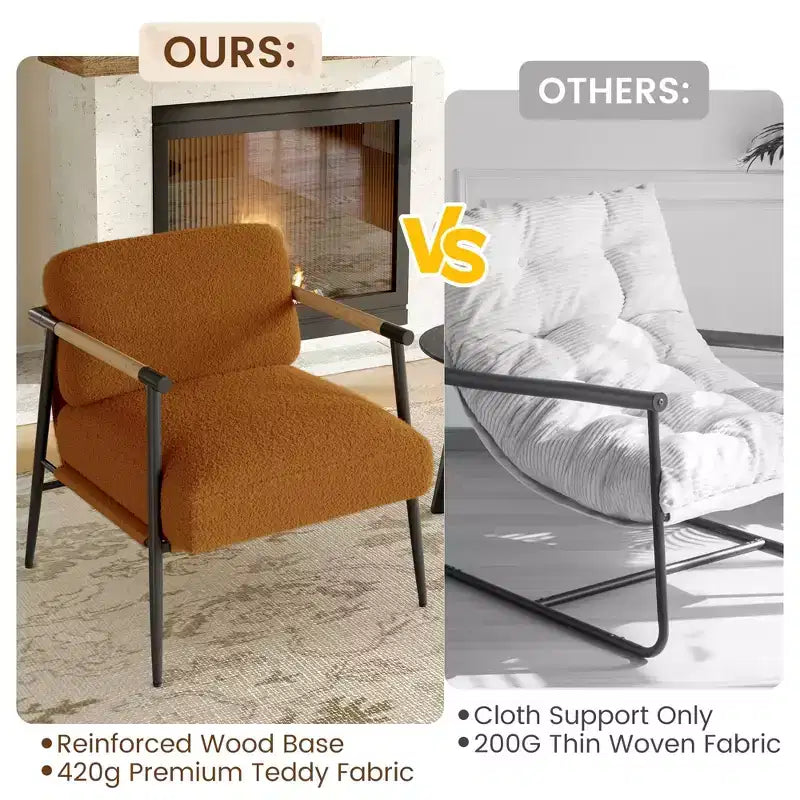Fauteuil confortable, fauteuil d'appoint moderne avec cadre en métal, fauteuil de lecture douillet avec coussin moelleux et accoudoir en bois pour chambre à coucher, salon, marron