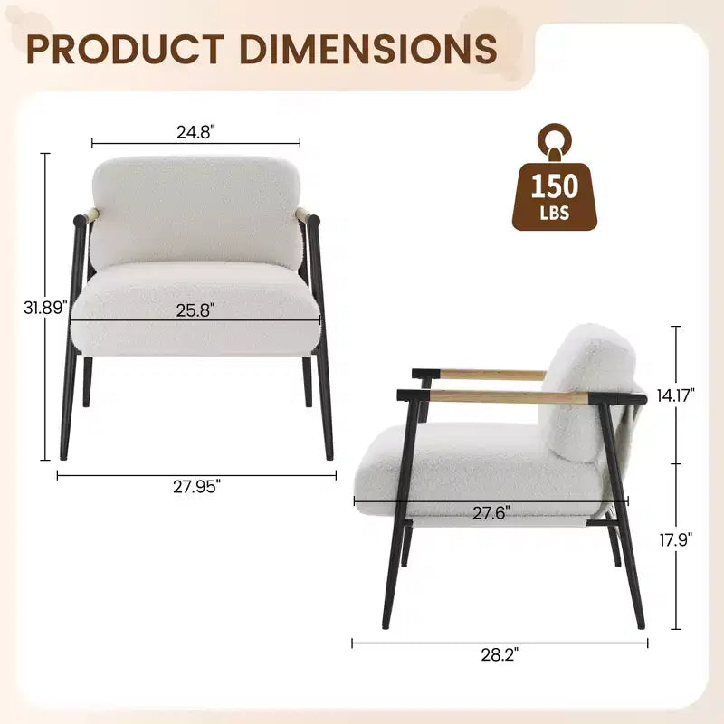 Fauteuil confortable, fauteuil d'appoint moderne avec cadre en métal, fauteuil de lecture douillet avec coussin moelleux et accoudoir en bois pour chambre à coucher, salon, marron