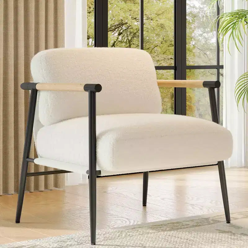 Fauteuil confortable, fauteuil d'appoint moderne avec cadre en métal, fauteuil de lecture douillet avec coussin moelleux et accoudoir en bois pour chambre à coucher, salon, marron
