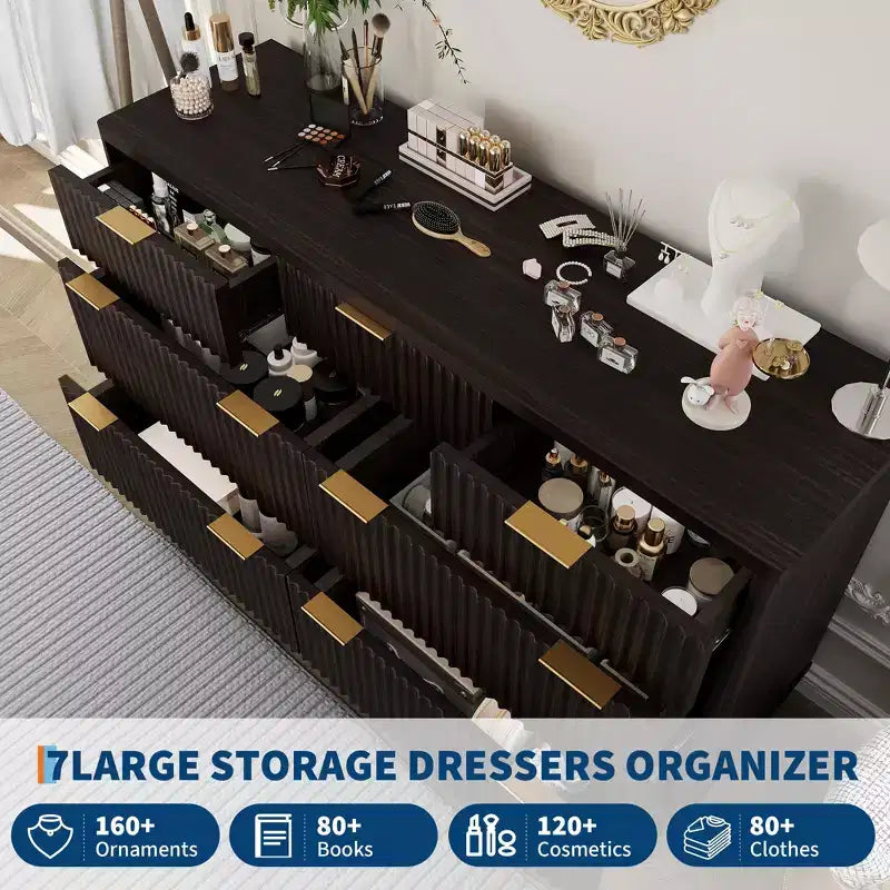 Commode COZONY 54 po de large à 7 tiroirs cannelés, commode moderne en bois incurvé avec rangement de table