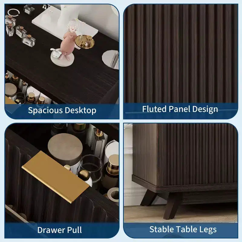 Commode COZONY 54 po de large à 7 tiroirs cannelés, commode moderne en bois incurvé avec rangement de table