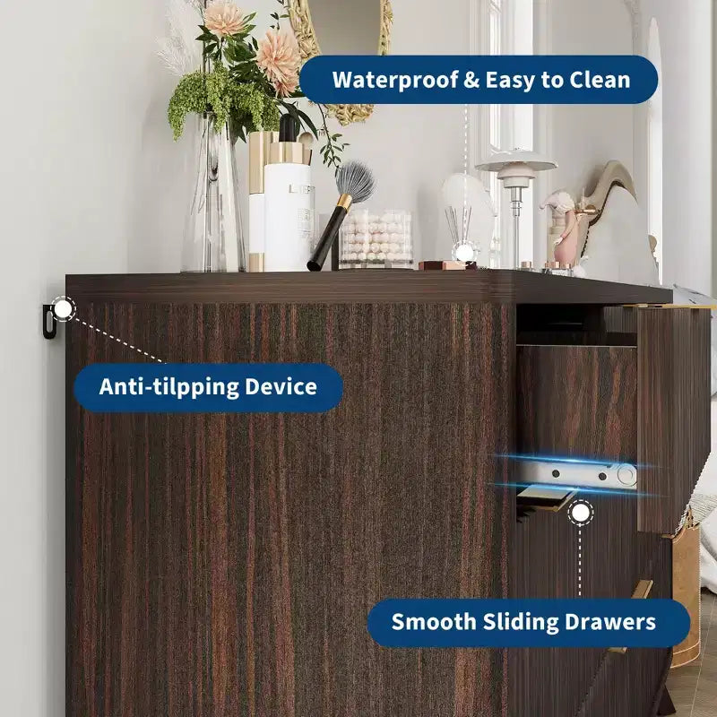 Commode COZONY 54 po de large à 7 tiroirs cannelés, commode moderne en bois incurvé avec rangement de table