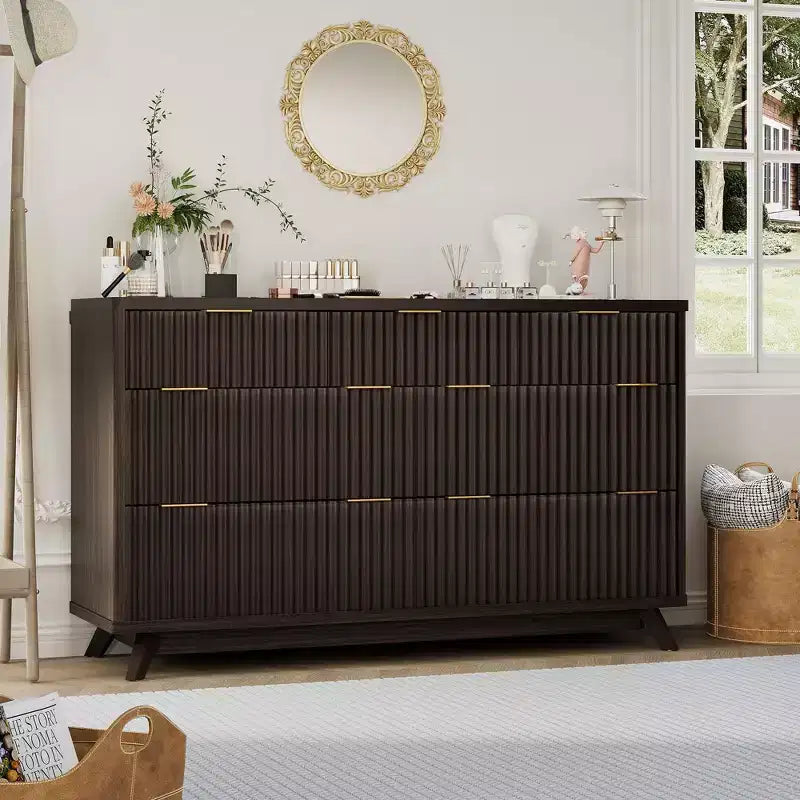 Commode COZONY 54 po de large à 7 tiroirs cannelés, commode moderne en bois incurvé avec rangement de table