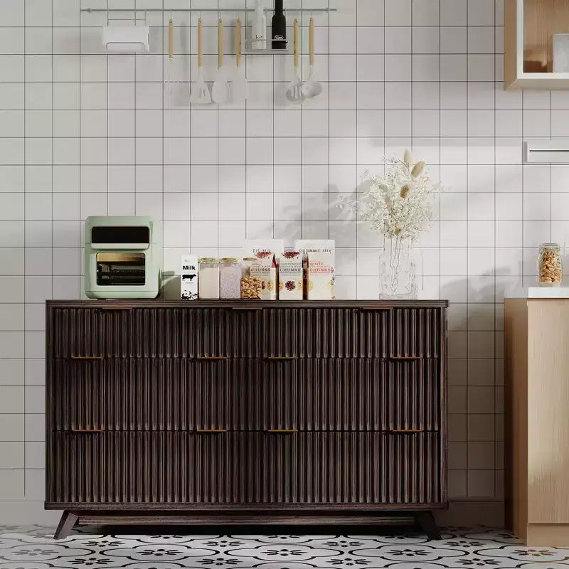 Commode COZONY 54 po de large à 7 tiroirs cannelés, commode moderne en bois incurvé avec rangement de table