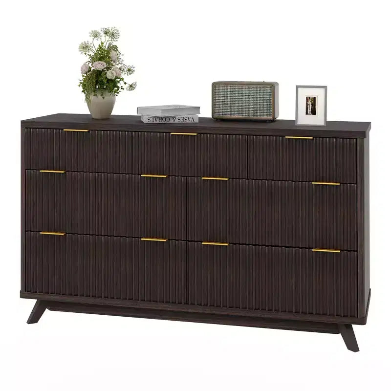 Commode COZONY 54 po de large à 7 tiroirs cannelés, commode moderne en bois incurvé avec rangement de table
