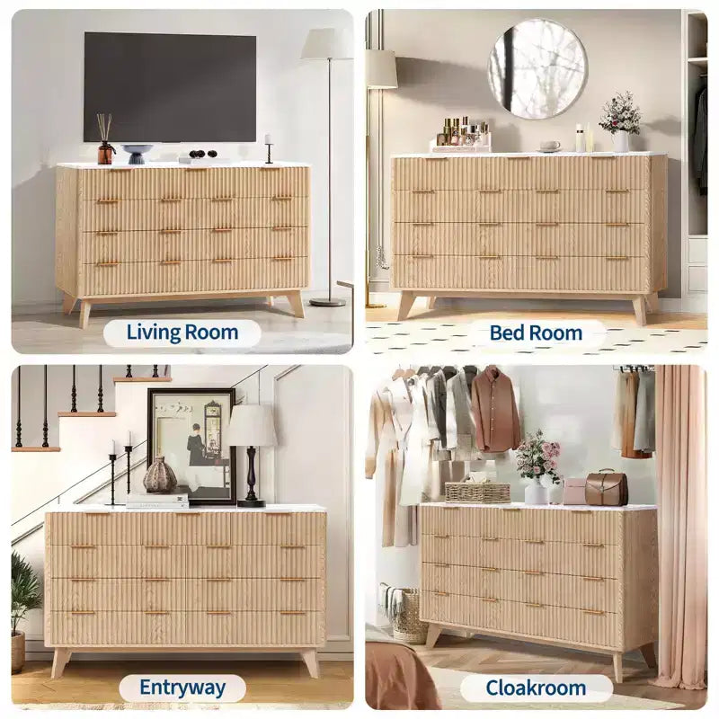 Commode COZONY 54 po de large à 9 tiroirs, coffre moderne en bois avec motif ondulé cannelé et poignées métalliques