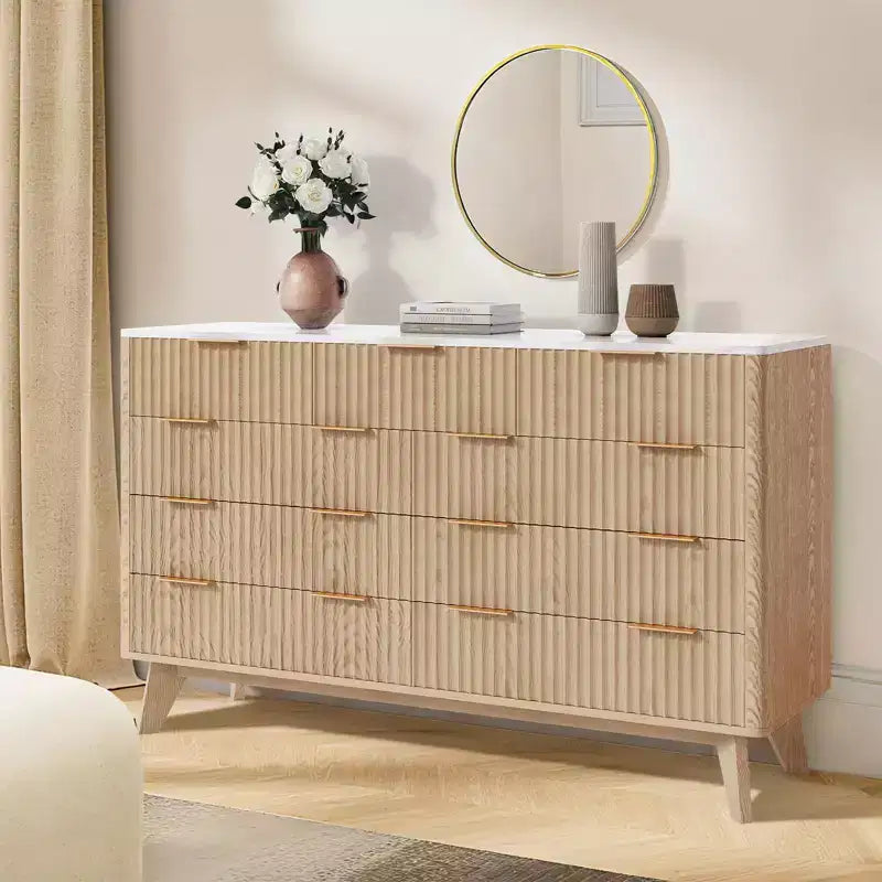 Commode COZONY 54 po de large à 9 tiroirs, coffre moderne en bois avec motif ondulé cannelé et poignées métalliques