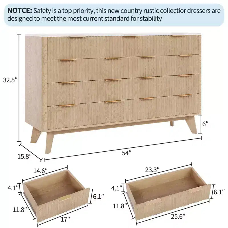 Commode COZONY 54 po de large à 9 tiroirs, coffre moderne en bois avec motif ondulé cannelé et poignées métalliques