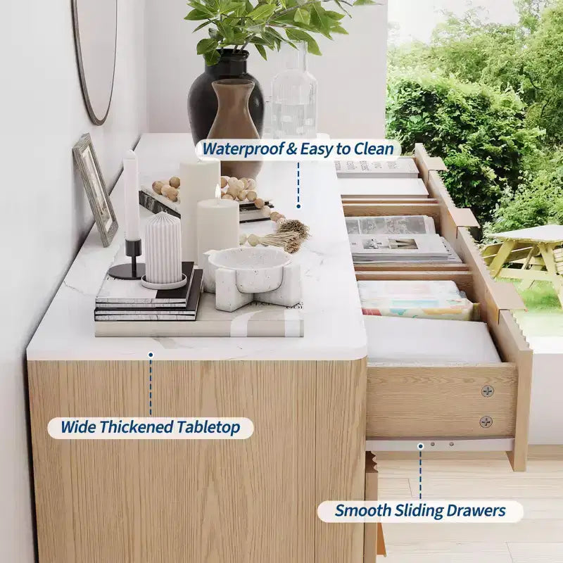 Commode COZONY 54 po de large à 9 tiroirs, coffre moderne en bois avec motif ondulé cannelé et poignées métalliques