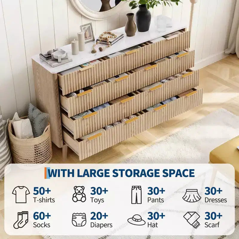 Commode COZONY 54 po de large à 9 tiroirs, coffre moderne en bois avec motif ondulé cannelé et poignées métalliques