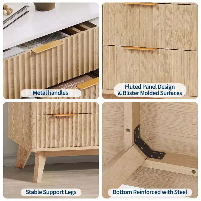 Commode COZONY 54 po de large à 9 tiroirs, coffre moderne en bois avec motif ondulé cannelé et poignées métalliques