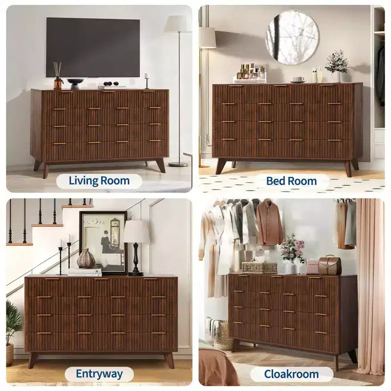 Commode COZONY 54 po de large à 9 tiroirs, coffre moderne en bois avec motif ondulé cannelé et poignées métalliques
