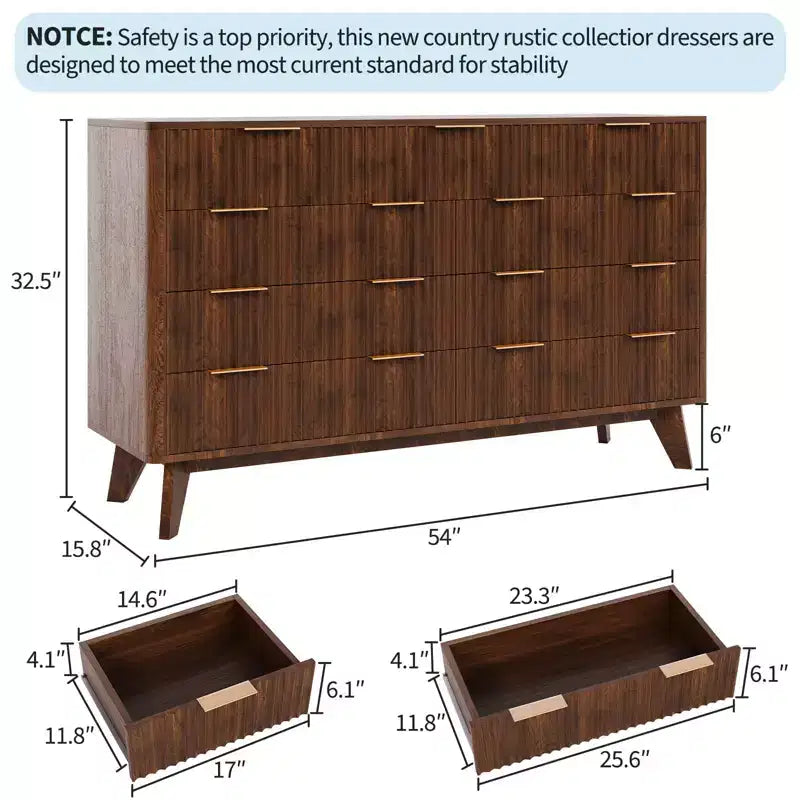 Commode COZONY 54 po de large à 9 tiroirs, coffre moderne en bois avec motif ondulé cannelé et poignées métalliques