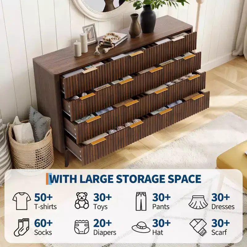 Commode COZONY 54 po de large à 9 tiroirs, coffre moderne en bois avec motif ondulé cannelé et poignées métalliques
