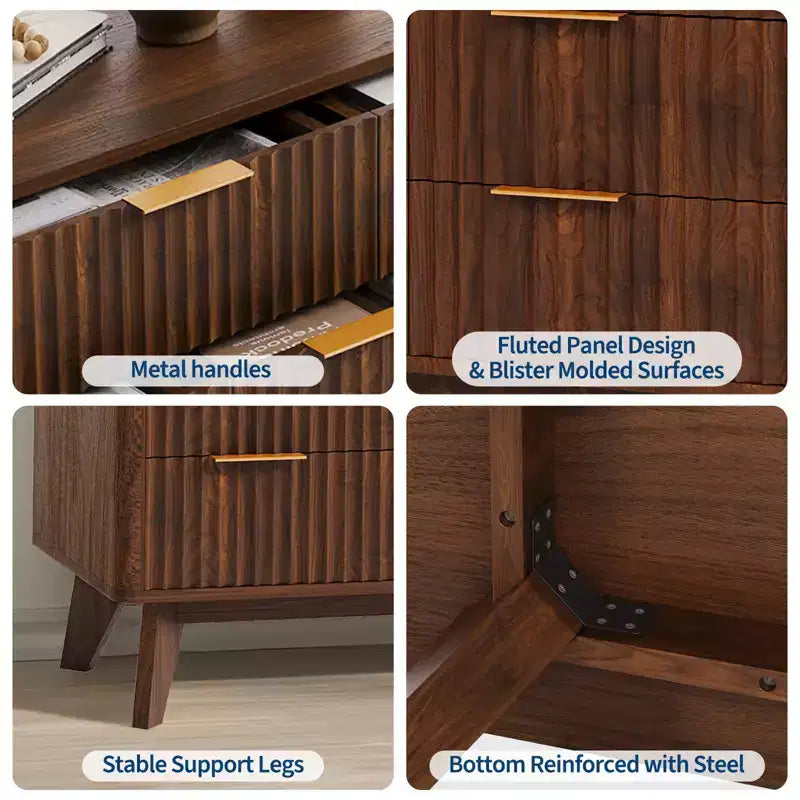 Commode COZONY 54 po de large à 9 tiroirs, coffre moderne en bois avec motif ondulé cannelé et poignées métalliques