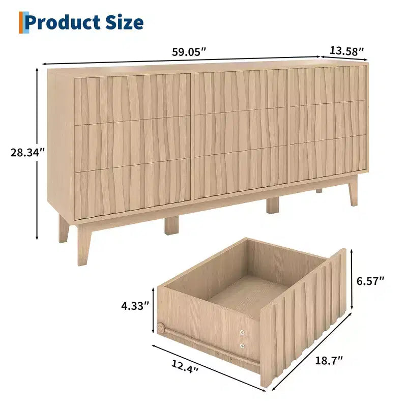 Commode cannelée de 145 cm de large COZONY à 9 tiroirs, Meuble de rangement moderne en bois pour Chambre ou Salon
