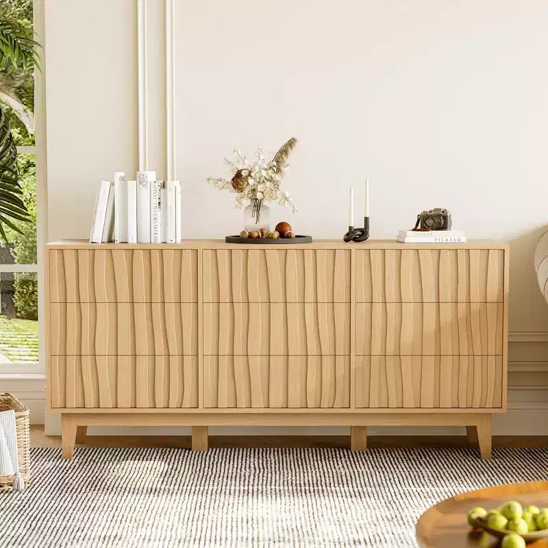 Commode cannelée de 145 cm de large COZONY à 9 tiroirs, Meuble de rangement moderne en bois pour Chambre ou Salon