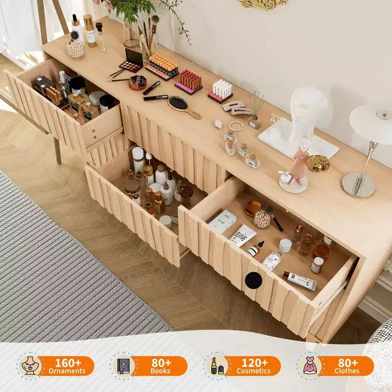 Commode cannelée de 145 cm de large COZONY à 9 tiroirs, Meuble de rangement moderne en bois pour Chambre ou Salon