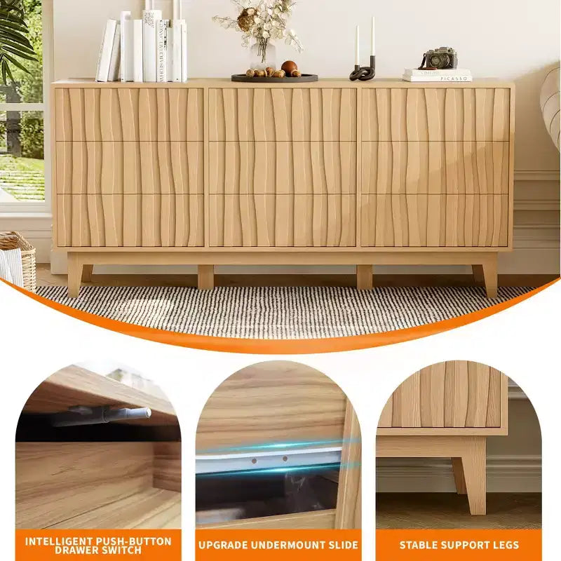 Commode cannelée de 145 cm de large COZONY à 9 tiroirs, Meuble de rangement moderne en bois pour Chambre ou Salon