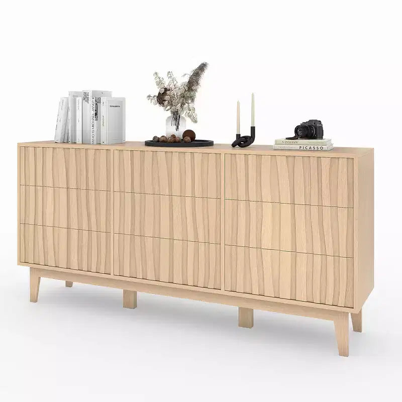 Commode cannelée de 145 cm de large COZONY à 9 tiroirs, Meuble de rangement moderne en bois pour Chambre ou Salon