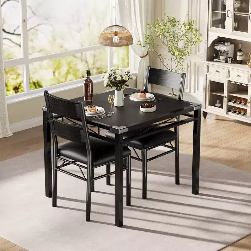 Ensemble table à manger avec chaises rembourrées, mobilier de cuisine compact et peu encombrant avec protections d'angle pour appartement, noir, 2+1