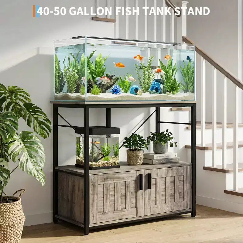 Meuble aquarium robuste pour cuves de 150-190 litres – Armoire métal et bois, supporte 300 kg, rangement pour accessoires de poisson, organisateur élégant pour la maison