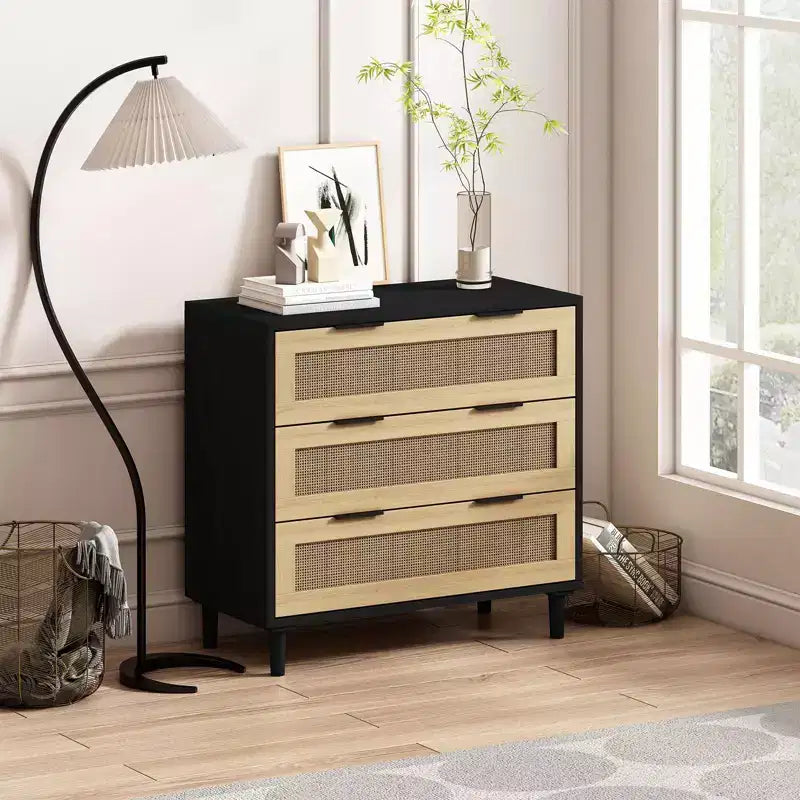 CuisinSmart Grande table de chevet avec tiroirs, table de chevet commode en rotin de 80 cm avec 3 tiroirs pour salon et chambre à coucher