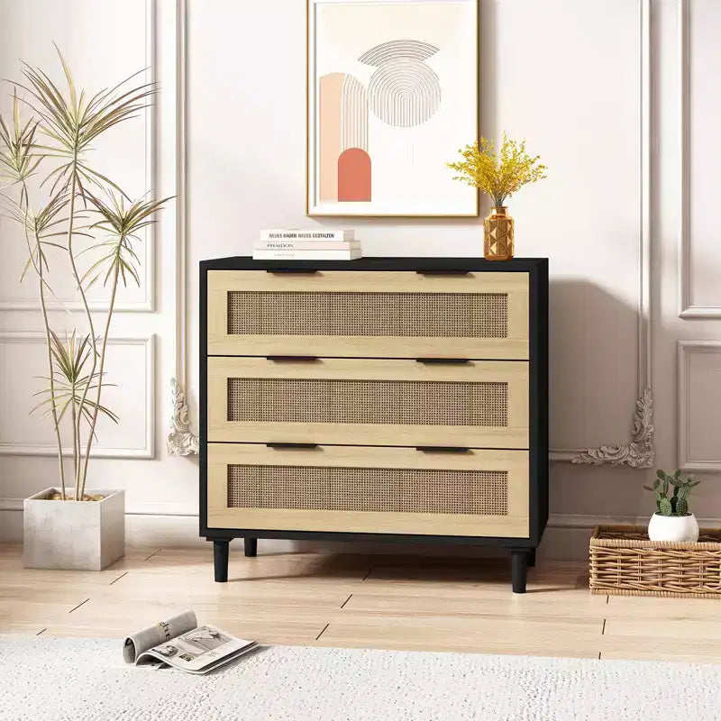 CuisinSmart Grande table de chevet avec tiroirs, table de chevet commode en rotin de 80 cm avec 3 tiroirs pour salon et chambre à coucher