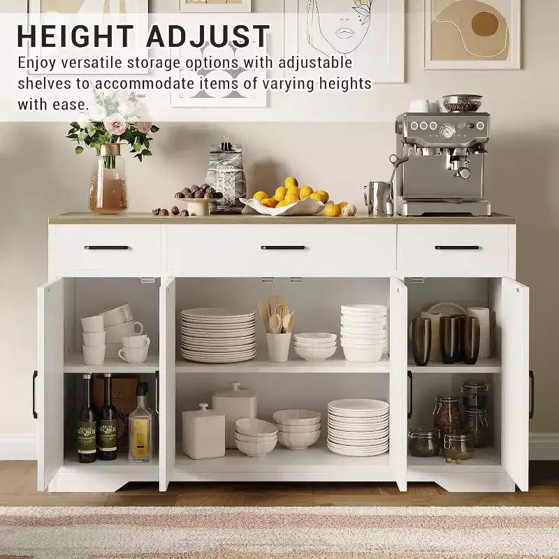 Buffet de ferme avec rangement – Grand buffet de cuisine de 140 cm avec 3 tiroirs, meuble bar à café en bois pour salle à manger et salon