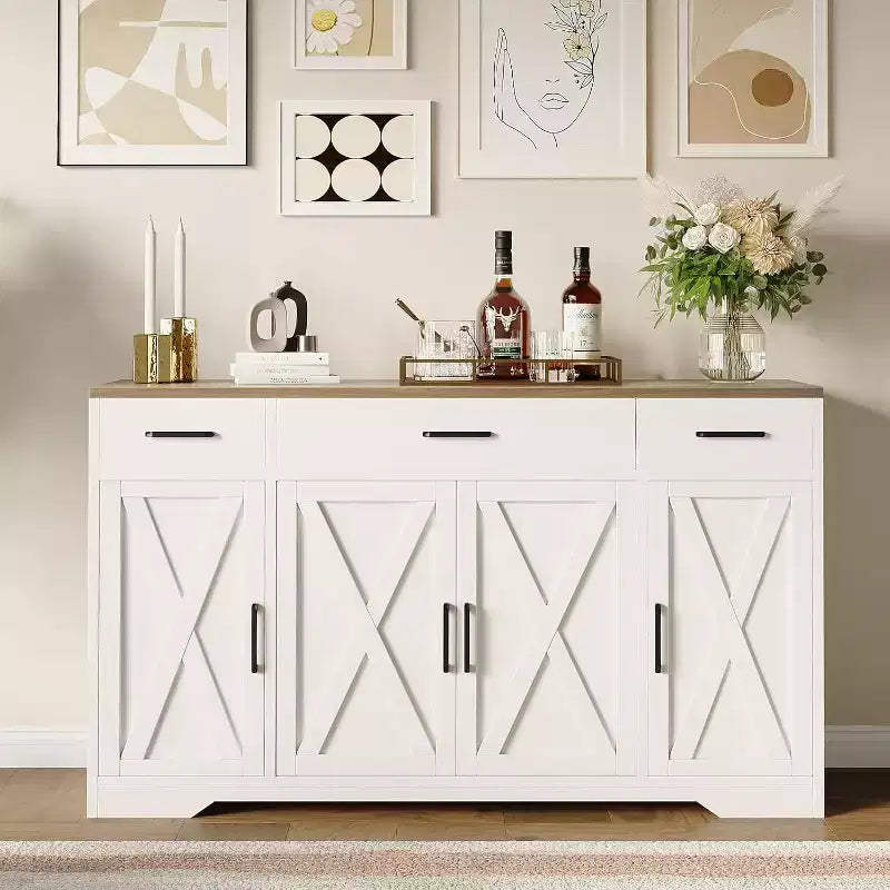 Buffet de ferme avec rangement – Grand buffet de cuisine de 140 cm avec 3 tiroirs, meuble bar à café en bois pour salle à manger et salon