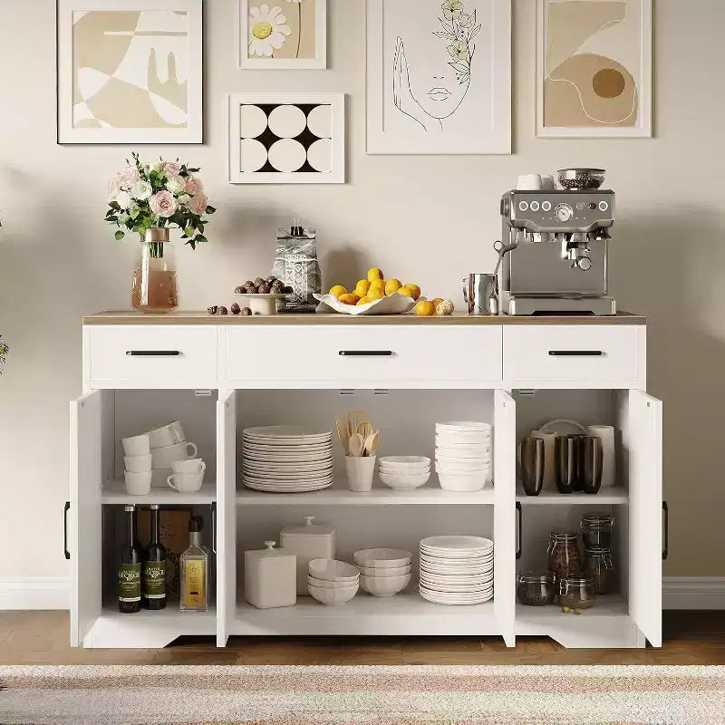 Buffet de ferme avec rangement – Grand buffet de cuisine de 140 cm avec 3 tiroirs, meuble bar à café en bois pour salle à manger et salon