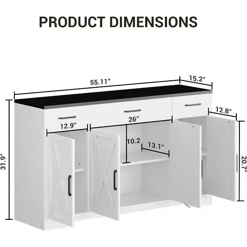 Buffet de ferme avec rangement – Grand buffet de cuisine de 140 cm avec 3 tiroirs, meuble bar à café en bois pour salle à manger et salon