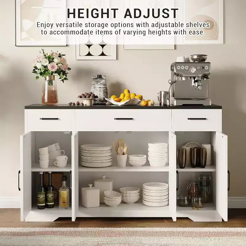 Buffet de ferme avec rangement – Grand buffet de cuisine de 140 cm avec 3 tiroirs, meuble bar à café en bois pour salle à manger et salon