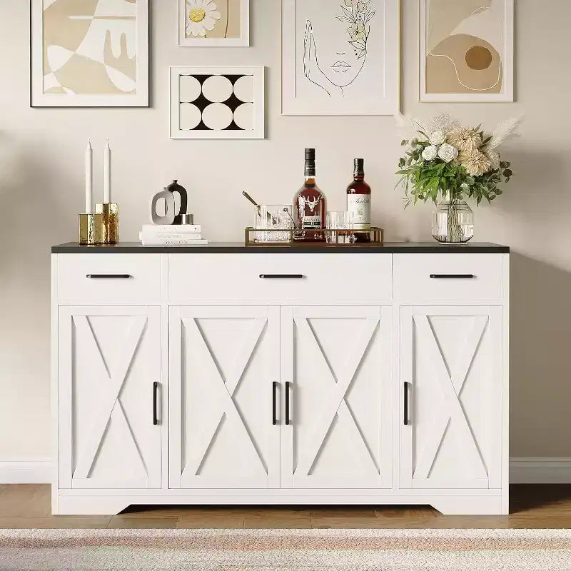 Buffet de ferme avec rangement – Grand buffet de cuisine de 140 cm avec 3 tiroirs, meuble bar à café en bois pour salle à manger et salon