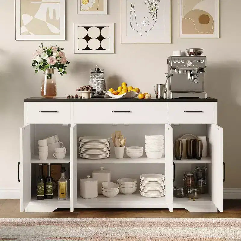 Buffet de ferme avec rangement – Grand buffet de cuisine de 140 cm avec 3 tiroirs, meuble bar à café en bois pour salle à manger et salon