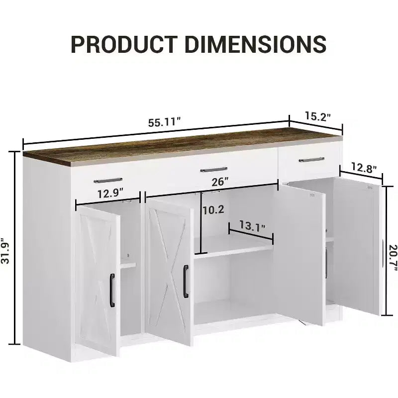 Buffet de ferme avec rangement – Grand buffet de cuisine de 140 cm avec 3 tiroirs, meuble bar à café en bois pour salle à manger et salon