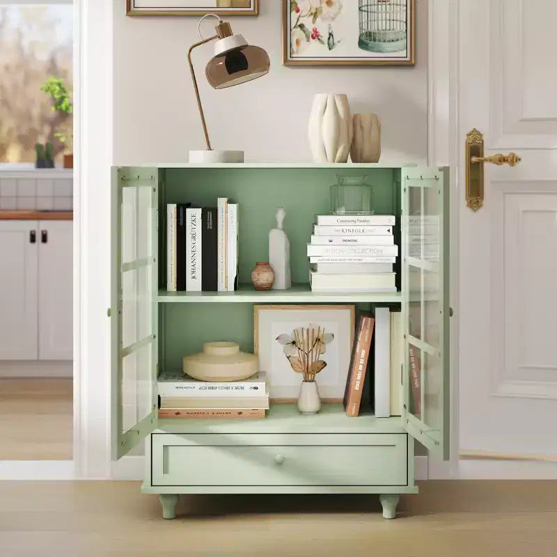 Meuble Buffet Minimaliste FurnitureR avec Portes en Verre et Tiroir, Armoire de Rangement de Style Ferme pour Salle à Manger, Cuisine, Salon, Couloir et Entrée