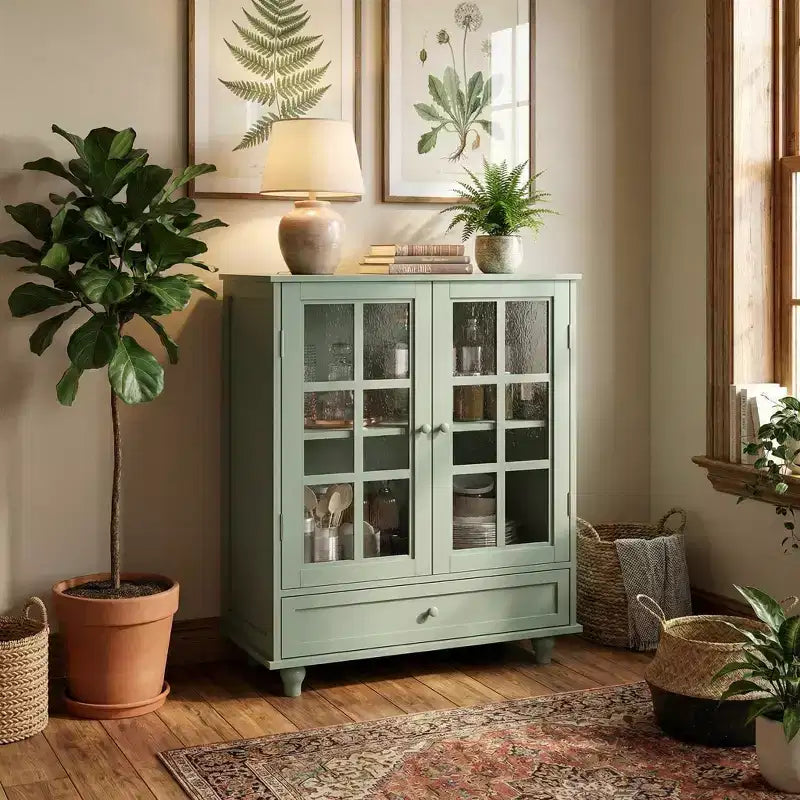 Meuble Buffet Minimaliste FurnitureR avec Portes en Verre et Tiroir, Armoire de Rangement de Style Ferme pour Salle à Manger, Cuisine, Salon, Couloir et Entrée